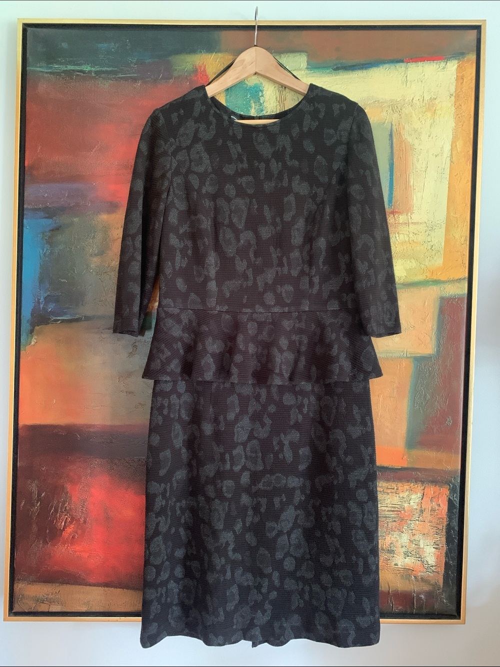 Gerry Weber Black Jacquard Leopard Print Peplum Midi Dress, Sz 40